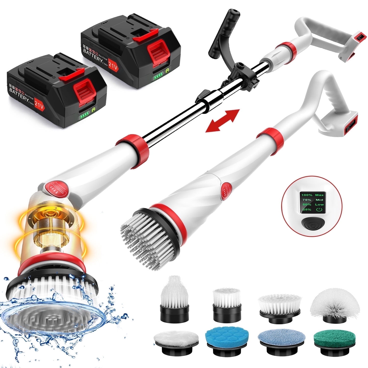 Amiluo Electric Spin Scrubber, 1500 RPM Cordless Bathroom Power Scrubber with Extension Handle, 8 Replaceable Heads \u0026 Large Battery, Shower Cleaners Brush for Tub, Tile and Floor